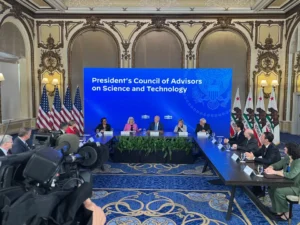 U.S. President Joe Biden listens to his assistant for science and technology Arati Prabhakar (to his right) at a meeting at the Fairmont Hotel in San Francisco with his science and technology advisers on Sept. 27, 2023 in San Francisco, Calif. (Ethan Baron/Bay Area News Group)